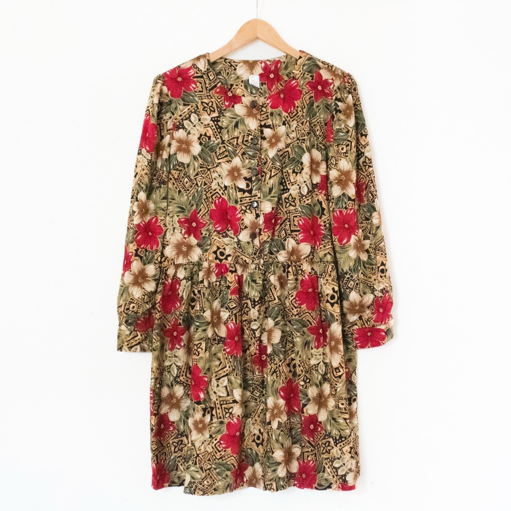 Vintage 80's Does 40's Hawaiian Hibiscus Flower Long Sleeve Dress | Size 22